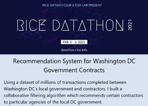 Rice Datathon Recommendation Algorithm for Washington DC Government Contractors Project