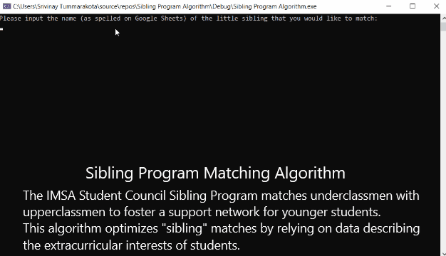 IMSA Student Council Sibling Program Algorithm